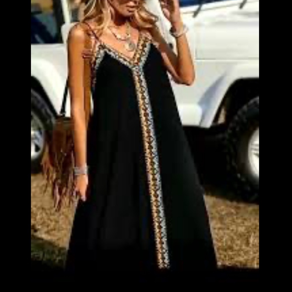 NWT - Boho Chic Black Multi Color Embroidered Maxi Dress